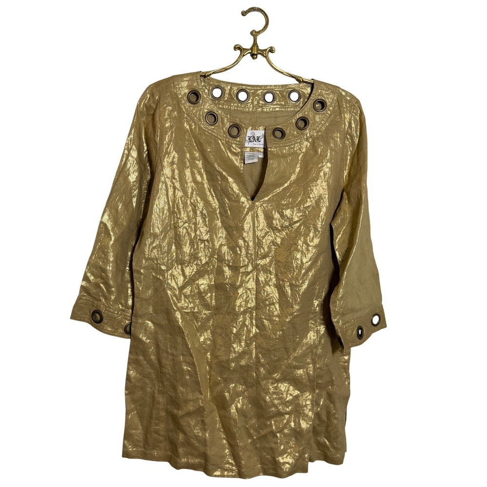 LAL Live a Little Women's‎ Gold Metallic Linen Tunic Top Eyelet Detail